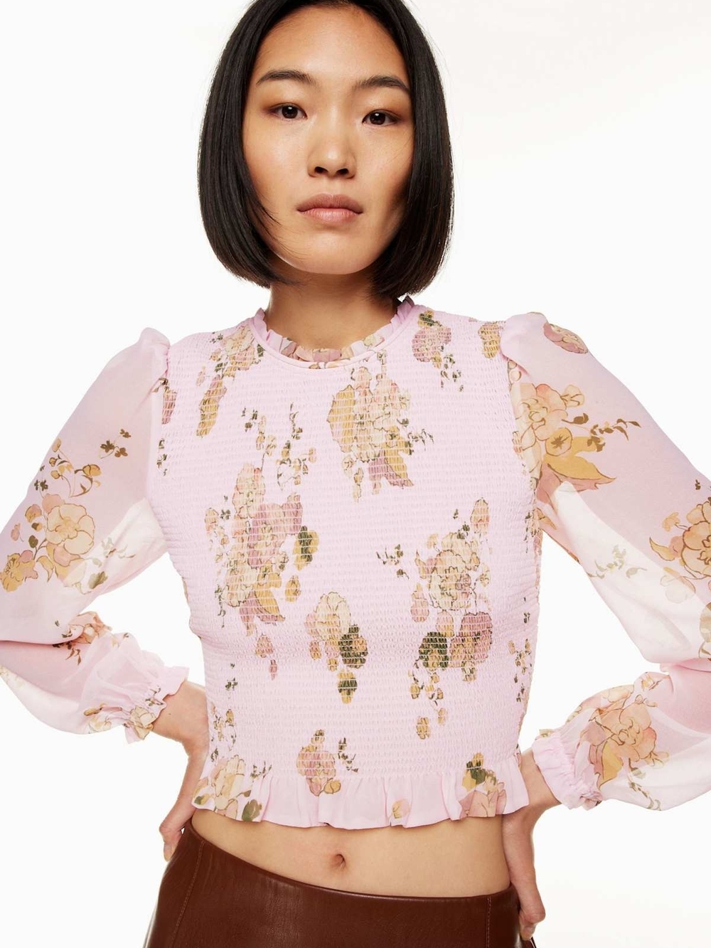 Wilfred New Tempest Pink Floral Smocked Long-Sleeve Crop Top Blouse Size XS